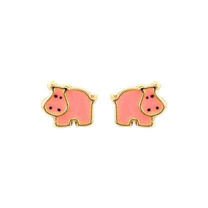 Ladies 9ct Gold  Pink Enamel Hippo Stud Earrings - JES274