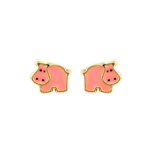Ladies 9ct Gold  Pink Enamel Hippo Stud Earrings - JES274
