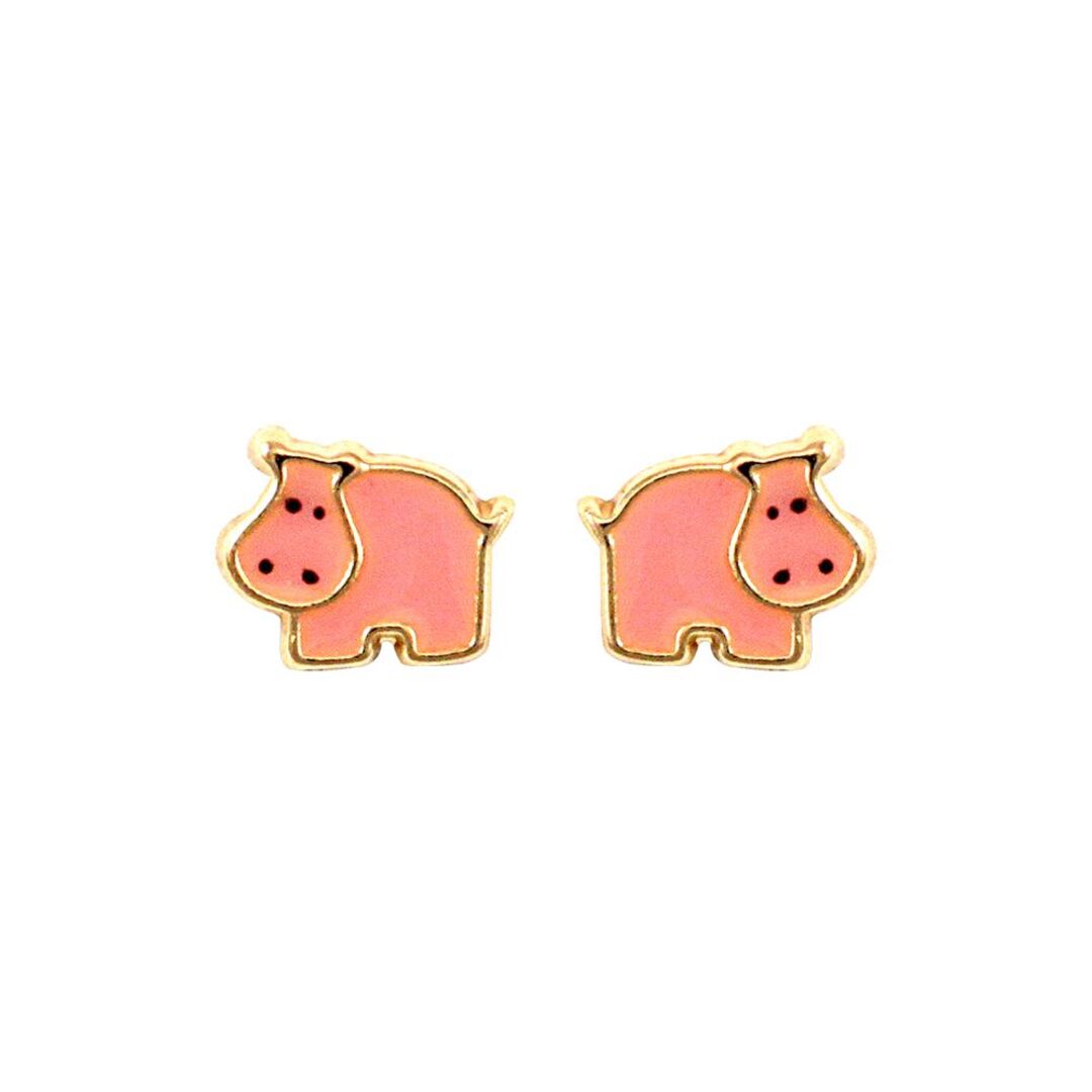 Ladies 9ct Gold  Pink Enamel Hippo Stud Earrings - JES274