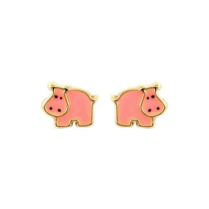 Ladies 9ct Gold  Pink Enamel Hippo Stud Earrings - JES274