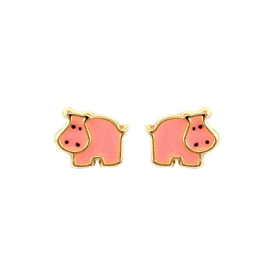 Ladies 9ct Gold  Pink Enamel Hippo Stud Earrings - JES274