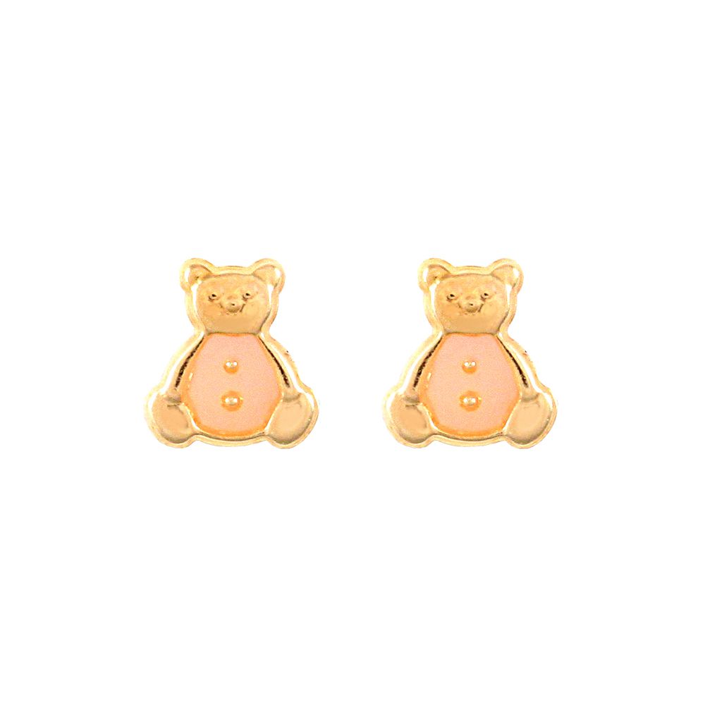Ladies 9ct Gold  Pink Enamel Teddy Bear Stud Earrings - JES275