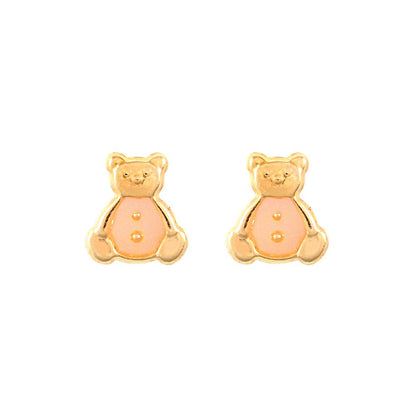 Ladies 9ct Gold  Pink Enamel Teddy Bear Stud Earrings - JES275