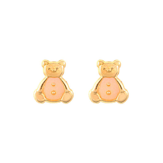 Ladies 9ct Gold  Pink Enamel Teddy Bear Stud Earrings - JES275
