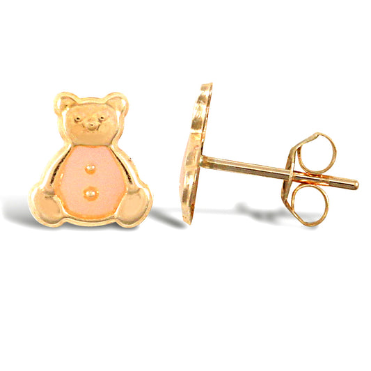 Ladies 9ct Gold  Pink Enamel Teddy Bear Stud Earrings - JES275
