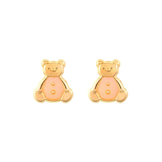 Ladies 9ct Gold  Pink Enamel Teddy Bear Stud Earrings - JES275