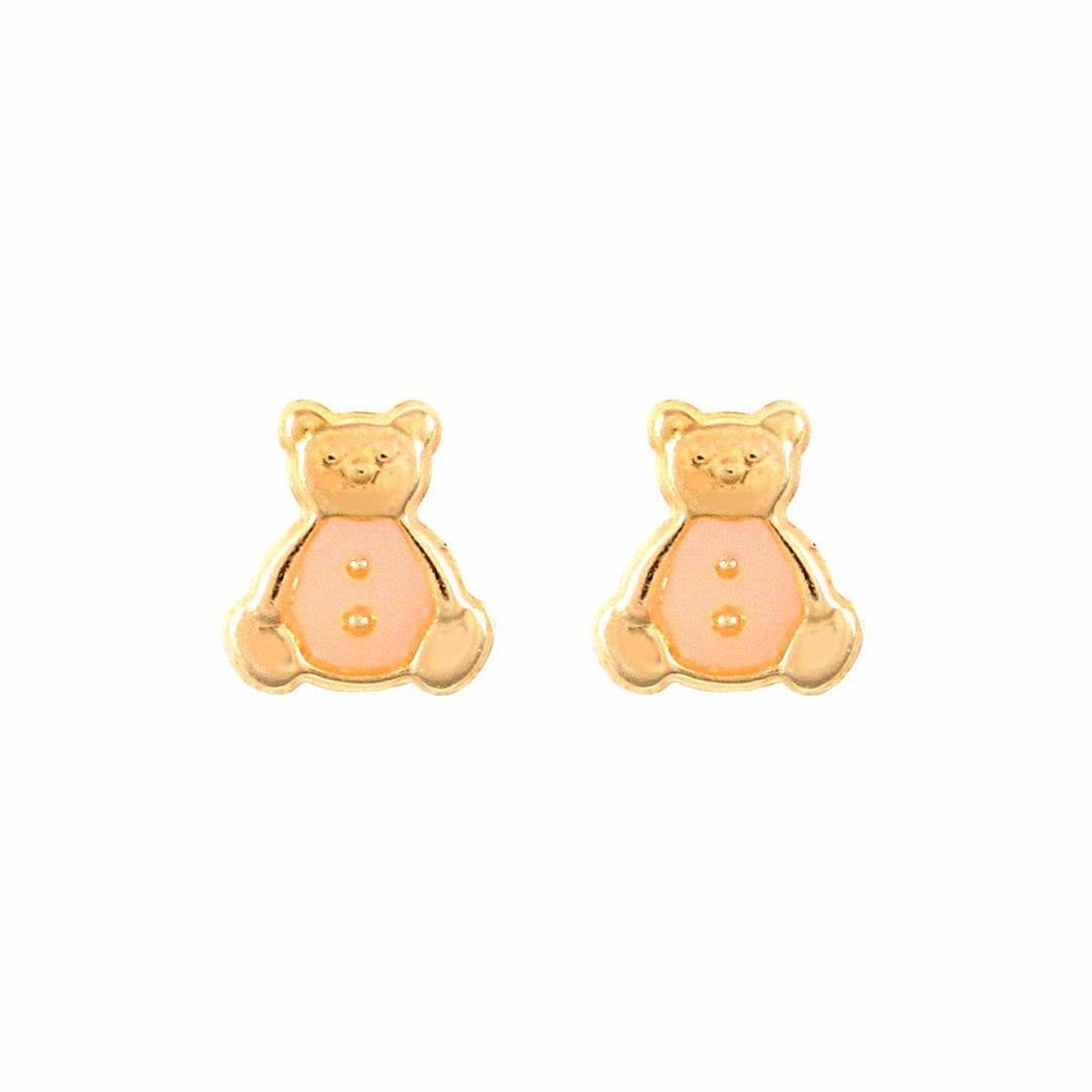 Ladies 9ct Gold  Pink Enamel Teddy Bear Stud Earrings - JES275