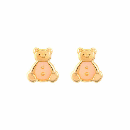 Ladies 9ct Gold  Pink Enamel Teddy Bear Stud Earrings - JES275