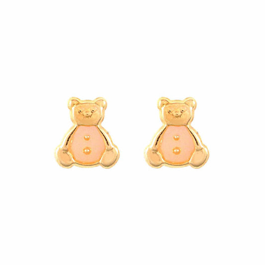 Ladies 9ct Gold  Pink Enamel Teddy Bear Stud Earrings - JES275