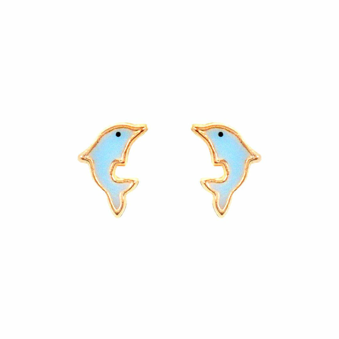 Ladies 9ct Gold  Blue Enamel Dolphin Stud Earrings - JES276