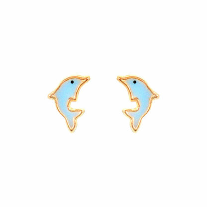 Ladies 9ct Gold  Blue Enamel Dolphin Stud Earrings - JES276