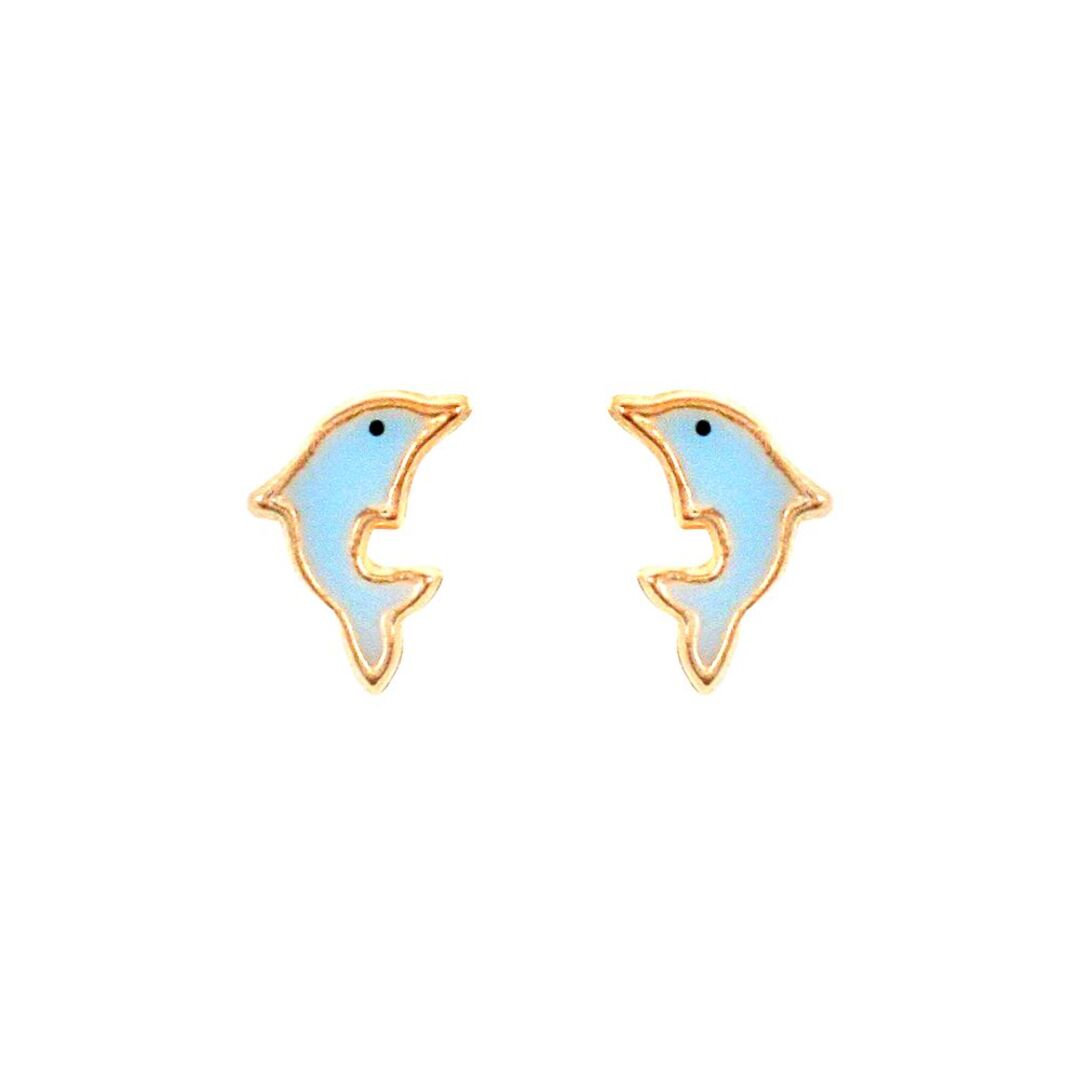 Ladies 9ct Gold  Blue Enamel Dolphin Stud Earrings - JES276