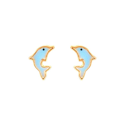 Ladies 9ct Gold  Blue Enamel Dolphin Stud Earrings - JES276
