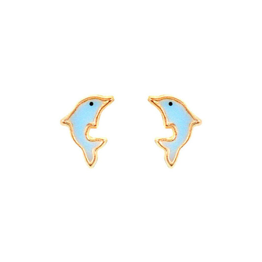 Ladies 9ct Gold  Blue Enamel Dolphin Stud Earrings - JES276