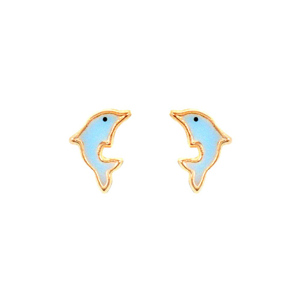 Ladies 9ct Gold  Blue Enamel Dolphin Stud Earrings - JES276