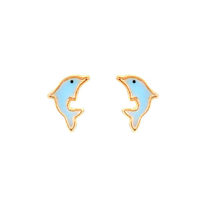 Ladies 9ct Gold  Blue Enamel Dolphin Stud Earrings - JES276