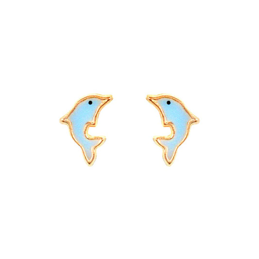 Ladies 9ct Gold  Blue Enamel Dolphin Stud Earrings - JES276