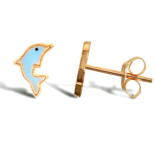 Ladies 9ct Gold  Blue Enamel Dolphin Stud Earrings - JES276