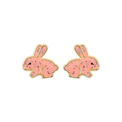 Ladies 9ct Gold  Pink Enamel Bunny Rabbit Stud Earrings - JES277