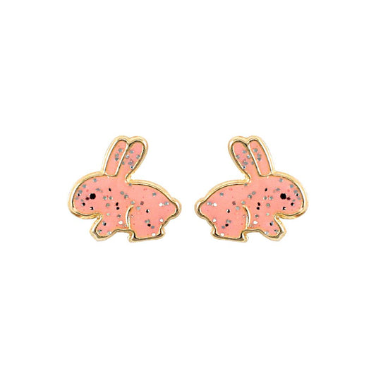 Ladies 9ct Gold  Pink Enamel Bunny Rabbit Stud Earrings - JES277