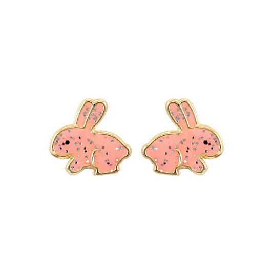Ladies 9ct Gold  Pink Enamel Bunny Rabbit Stud Earrings - JES277