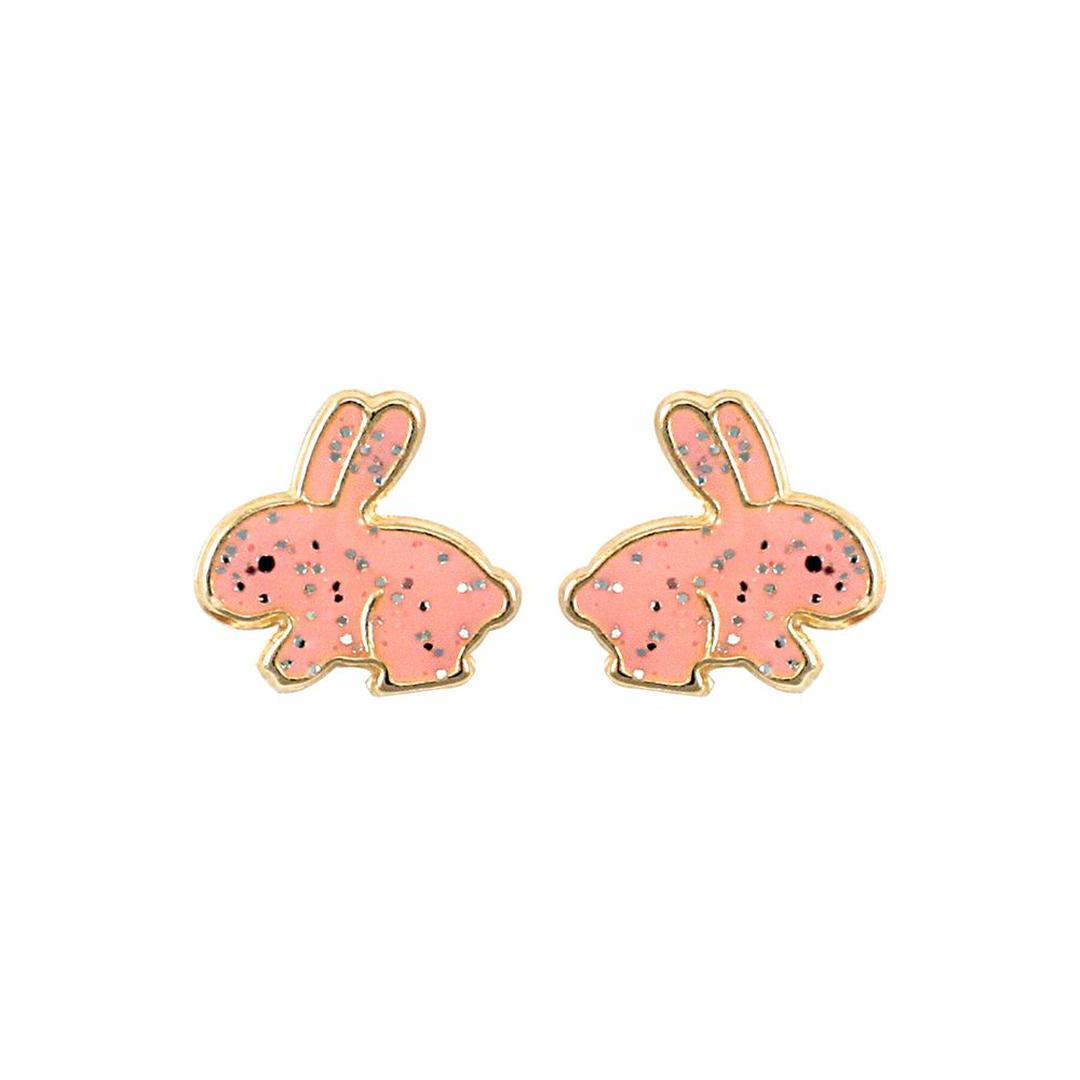 Ladies 9ct Gold  Pink Enamel Bunny Rabbit Stud Earrings - JES277