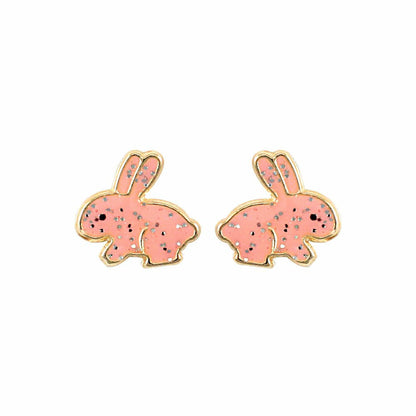 Ladies 9ct Gold  Pink Enamel Bunny Rabbit Stud Earrings - JES277