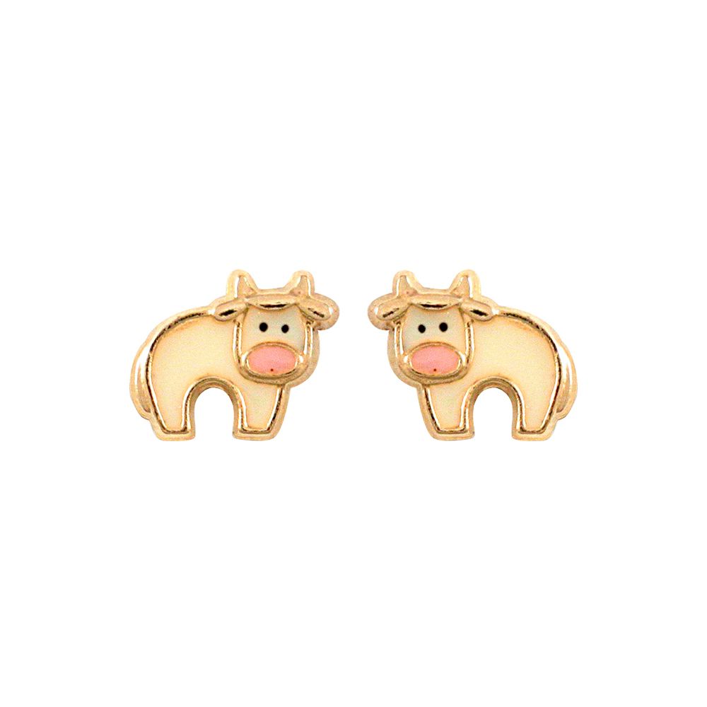 Ladies 9ct Gold  Enamel Cow Stud Earrings - JES278