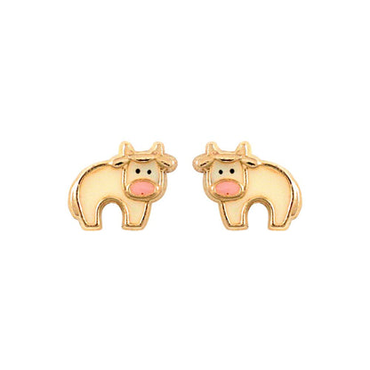 Ladies 9ct Gold  Enamel Cow Stud Earrings - JES278