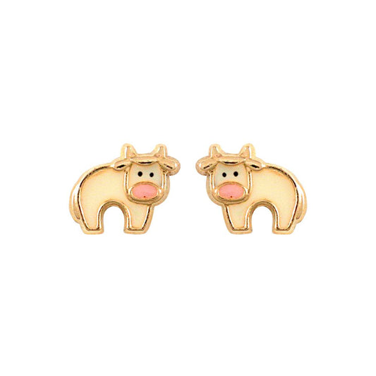 Ladies 9ct Gold  Enamel Cow Stud Earrings - JES278