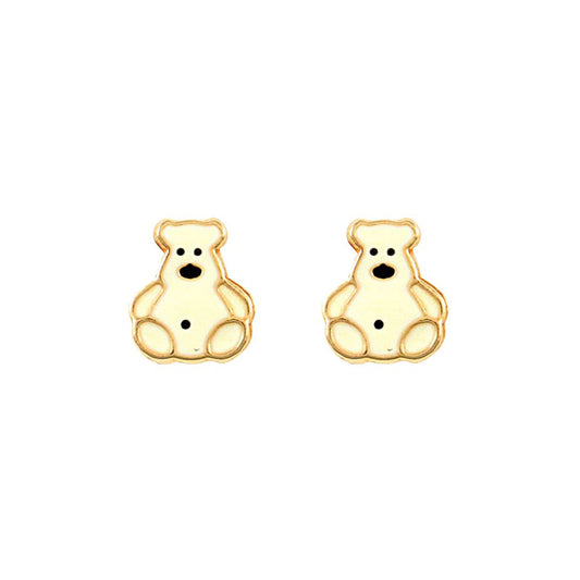 Ladies 9ct Gold  White Enamel Polar Bear Stud Earrings - JES279