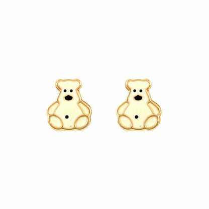 Ladies 9ct Gold  White Enamel Polar Bear Stud Earrings - JES279