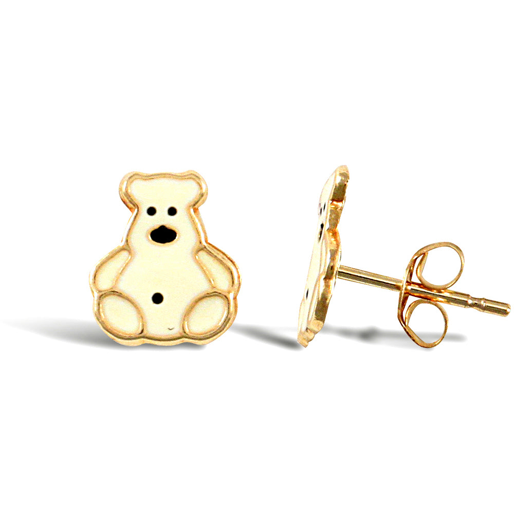 Ladies 9ct Gold  White Enamel Polar Bear Stud Earrings - JES279