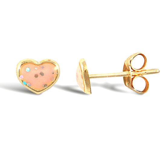 Ladies 9ct Gold  Pink Enamel Love Heart Stud Earrings - JES280