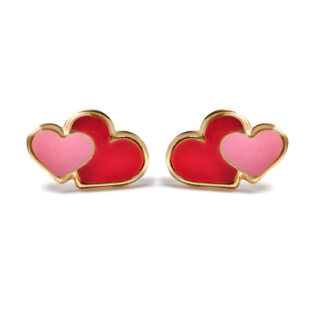 Ladies 9ct Gold  Pink Enamel Love Heart Stud Earrings - JES281