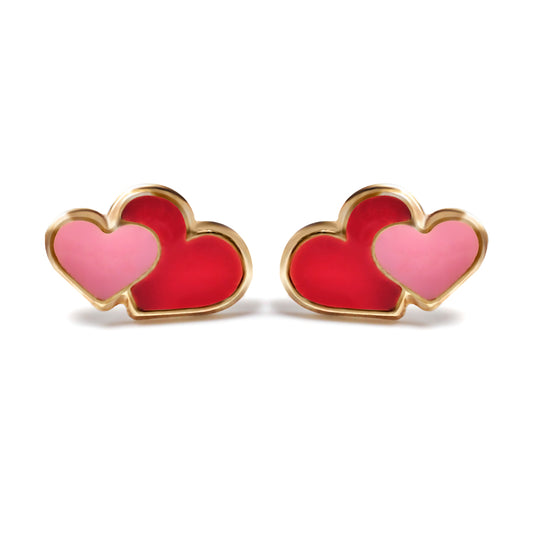 Ladies 9ct Gold  Pink Enamel Love Heart Stud Earrings - JES281
