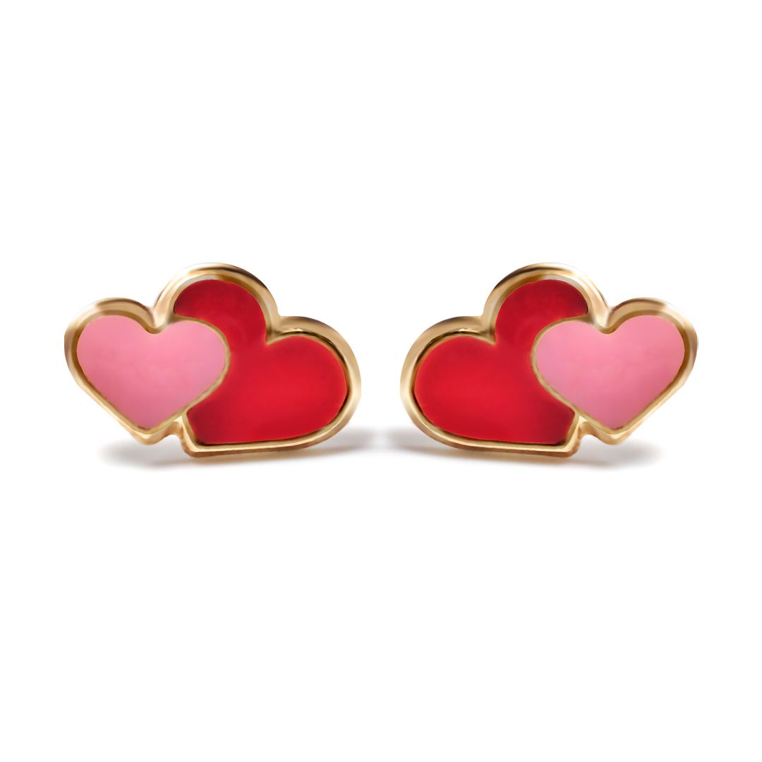 Ladies 9ct Gold  Pink Enamel Love Heart Stud Earrings - JES281