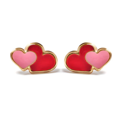 Ladies 9ct Gold  Pink Enamel Love Heart Stud Earrings - JES281
