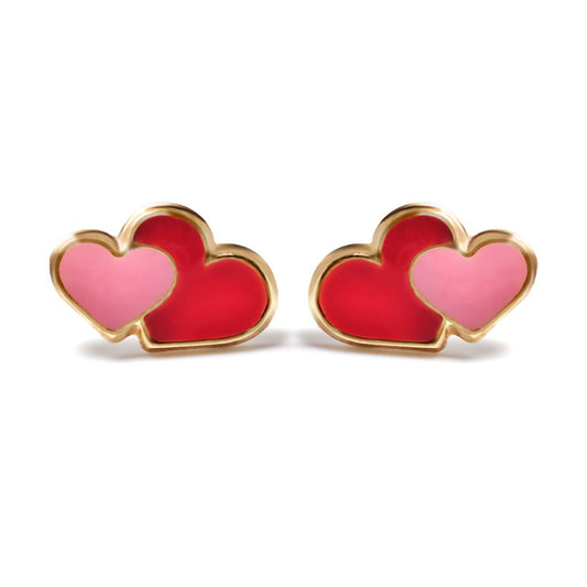 Ladies 9ct Gold  Pink Enamel Love Heart Stud Earrings - JES281