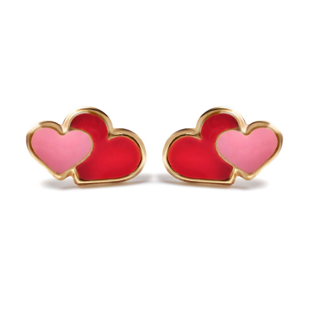 Ladies 9ct Gold  Pink Enamel Love Heart Stud Earrings - JES281