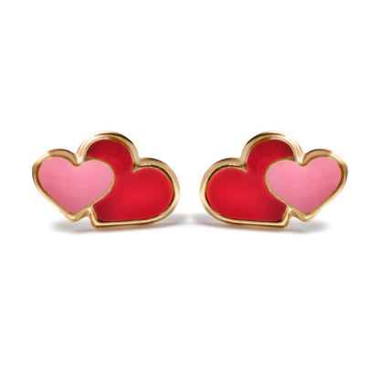 Ladies 9ct Gold  Pink Enamel Love Heart Stud Earrings - JES281