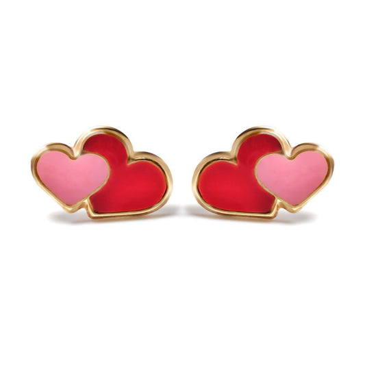 Ladies 9ct Gold  Pink Enamel Love Heart Stud Earrings - JES281