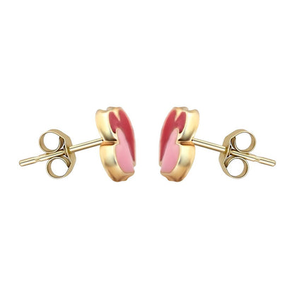 Ladies 9ct Gold  Pink Enamel Love Heart Stud Earrings - JES281