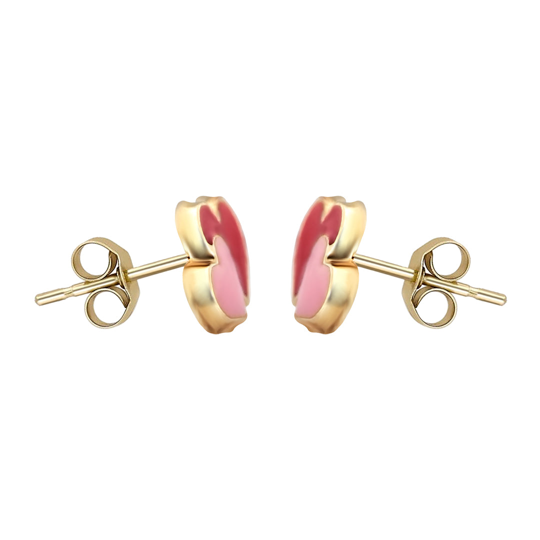 Ladies 9ct Gold  Pink Enamel Love Heart Stud Earrings - JES281