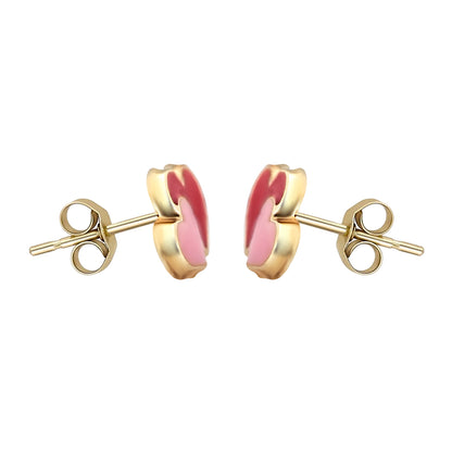 Ladies 9ct Gold  Pink Enamel Love Heart Stud Earrings - JES281