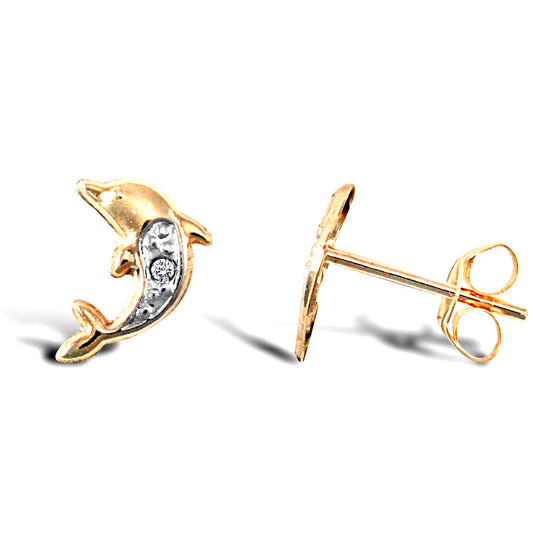 9ct Gold  CZ Solitaire Dolphin Stud Earrings - JES283