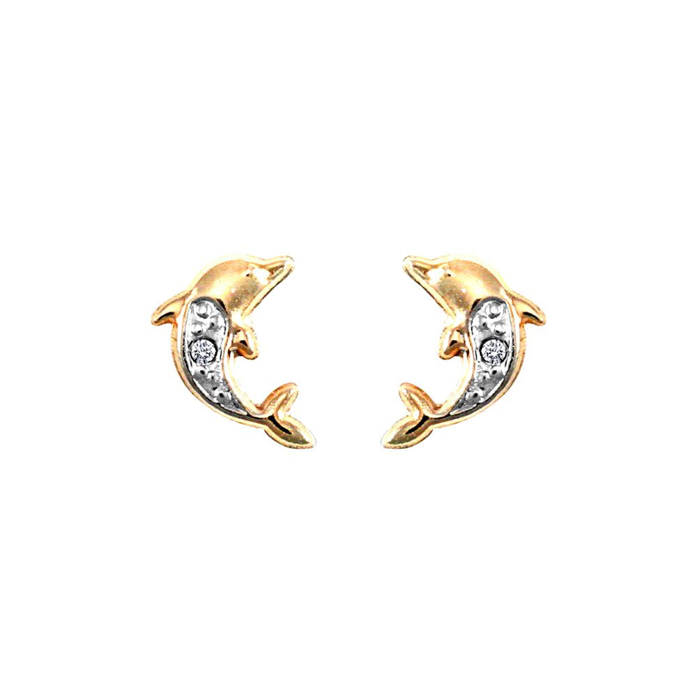 9ct Gold  CZ Solitaire Dolphin Stud Earrings - JES283