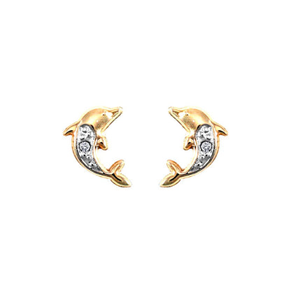 9ct Gold  CZ Solitaire Dolphin Stud Earrings - JES283