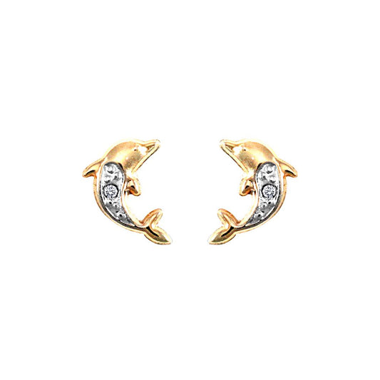 9ct Gold  CZ Solitaire Dolphin Stud Earrings - JES283