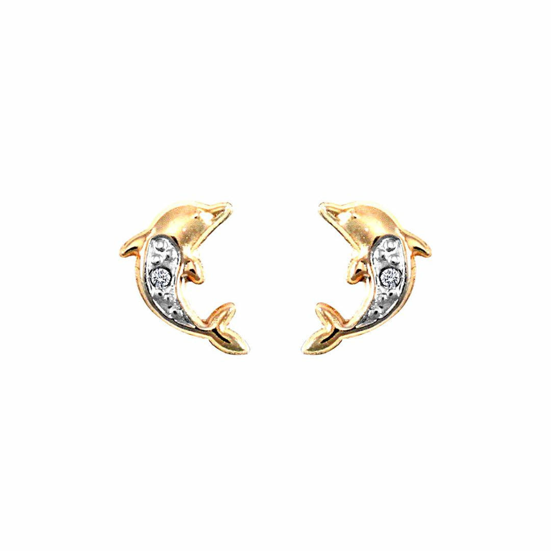 9ct Gold  CZ Solitaire Dolphin Stud Earrings - JES283